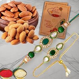 AWANI TRENDS Rakhi Gift Hamper for Brother Bracelet Bhabhi - with Dry Fruits 100gm (Almonds) Greeting Card Roli Chawal Pack-image-93