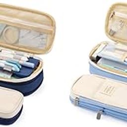 Nylon Large Capacity Pencil Pouch Combo, Double Zipper, Multiple Compartments, Durable Storage Box for Kids, Teens, College, Journaling, DIY, Planners, Crafts, Navy Blue, 22x11cm-image-40