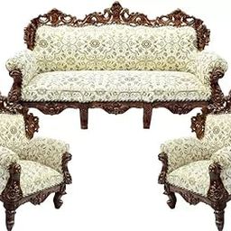 Teak Wood 5 Seater Sofa Set | Handcrafted 3+1+1 Wooden Sofa with Royal Carving | Silk Cushions & 40 Density Foam | Living Room Furniture (Leaf)-image-15