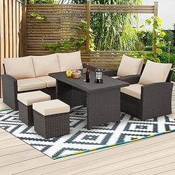 DEVOKO Outdoor Patio Sectional Sofa Couch, Wicker Furniture Conversation Sets And Ottomans With Washable Cushions & Center Table For Garden, Poolside (Dark Brown And Cream, 7-Person Sofa)-image-42