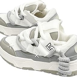 Women's Chunky Sneakers, Mid Top, White Black Navy, Casual Lace-Up with Velcro (Grey, UK Footwear Size System, Adult, Women, Numeric, Medium, 5)-image-89