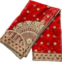 Women Red Bridal Dupatta With Velvet Border 2.25 Meter With Mathapati Designs-image-14