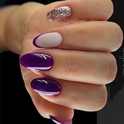 FWS Artificial fake Press On Nails Art Set (Set Of 20) Reusable Nails Extension,BridalNails,Stick-On Nails,Manicure Art Set, AcrylicNails,False Nails,DesignerNails | Nail Glue, Nail file, cuticle pusher, cleaning wipe (Purple French Glitter)-image-70