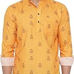 Men's Cotton Printed Short Kurta (Yellow)-image-77