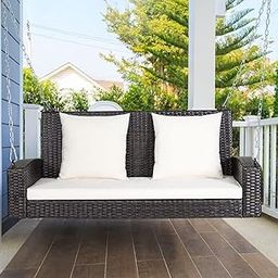 .Arsh Craft Hanging Porch Swing 2-Seater Patio Rattan Wicker Porch Swings Outdoor Solid Chain Comfortable Back Front Porch for Garden Balcony Patio Swing (White)-image-7