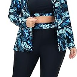 Women 3 Pieces Plus Size Rash Guard Swimwear Sun Protection Surfing Bathing Suits Long Sleeve Swimsuits, Blue Leaf, 16 Plus-picture-16