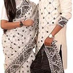 Traditional Dhakai Jamdani Couple Set – Cotton Saree Without Blouse & Men’s Kurta (Black White)-image-96