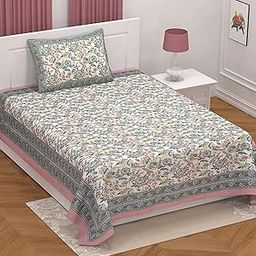 250 TC Cotton Bedsheet for Single Bed –Light Pink, Ethnic07 Bedsheet Single Size Bed Cotton, Single Size Bedsheet, Single Bedsheet with 1 Pillow Cover 60x90 Inch, Handcrafted Bed Sheets-26