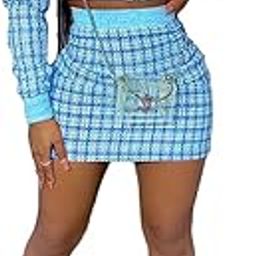 THALI Womens Casual Plaid 2 Piece Outfits Long Sleeve Jacket Crop Top Bodycon Mini Skirt Set Plaid Suits Stripe Suits Cyan XL-image-68