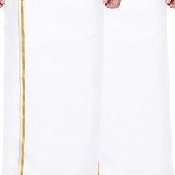 Men 100% Cotton White Dhoti With Gold Jari Border (Pack of 2)-76