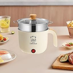 ATORSE Electric Hot Pot Household 1.8L Nonstick Electric Skillet for Soup Fry Pasta with Steamer Khaki Home & Garden-picture-15