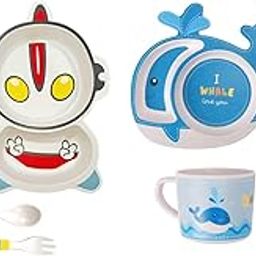 Deepashri™ Set of 2 Bamboo Fibre Dinner Set for Kids |Tableware Set Plate Bowl Cup Fork and Spoon | Feeding Utensils for Kids and Toddlers Eco-Friendly & Biodegradable| 5 Pieces Each(Alien+Whale Blue)-picture-8