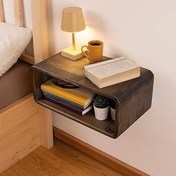 UHUD CRAFTS Floating Wooden Bedside Shelf, Wall Mounted Nightstand, Bedside Table, Nightstand Shelf, Handmade, Floating Wooden Wall Shelf for Storage, 2- Tier Solid Wood Shelf - Dark Burnt-4