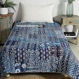 Ravaiyaa - Attitude is everything Handmade Patchwork Kantha Quilt Traditional Block Print Twin Size Bedspread Cotton Blanket Throw (90"x60" Inch, Blue)-image-81