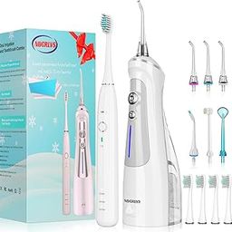NBGRLVS Rechargable Water Dental Pick with Electric Toothbrush Combo for Teeth Cleaning, Cordless Water Dental flosser with 6 Flossing Modes & 5 Jet Tips, 5 Modes Sonic Electric Toothbrush（White）-image-1