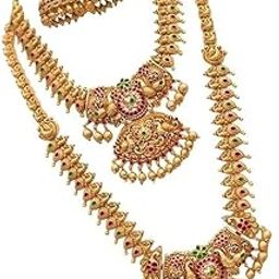 Womens South Indian Jewelry Set For Wedding, Gold Plated Necklace And Earrings Matte Jewellery-image-16