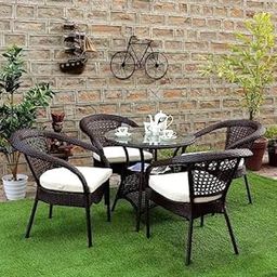 Lotey Garden Patio Seating Chair and Table Set, Outdoor Balcony Garden Coffee Table Set (4+1) (Brown with Cream Cushions)-image-59