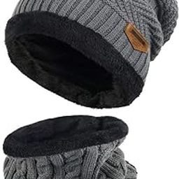 MUCO Mens Womens Winter Beanie Hats Scarf Set Warm Knit Hat Thick Fleece Lined Slouchy Cap Neck Warmer for Men Women-image-32