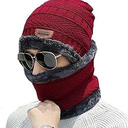 Unisex Wool Beanie Cap Plus Muffler Scarf Stay Warm in Style Set Maroon color-image-4