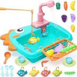 MAGICVILLE Kids Kitchen Sink Toy Set with Running Water, Play Kitchen Accessories, Tableware, Fruits and Vegetables, Fishing Game-image-100