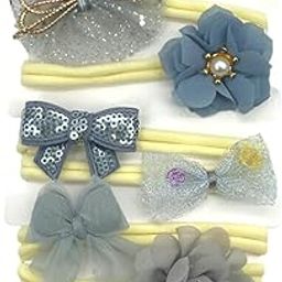 SYGA 6 Piece Baby Headband Set, Stretchable Handmade Fabric Bow Headdress, Thin Elastic Hair Bands for Newborn Infant Toddlers Kids-0-3 Years(Silver and Grey)-image-87