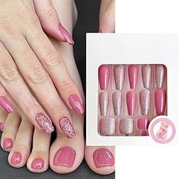 S.A.V.I 48 Pcs Pink & Glitter Coffin Shape Press-On Nails for Hands & Feet | Long Artificial Nail Combo Set | Trendy Manicure for Women | Easy to Apply Stylish Nail Extensions for Party Use-24