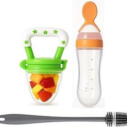 Joy Buzz Baby Food Dispensing Spoon Feeder Bottle 90ml and Fruit Feeder/Nibbler/Pacifier with Bottle Cleaning Brush Pack of 3 (YLO-GRN)-image-72