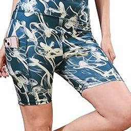 Womens High-Waist Biker Shorts with Phone Pocket, Black Smoke Print, Athletic Workout Shorts, Gym wear, Yoga, Cycling-image-3