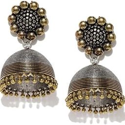 Oxidised Collection Silver & Antique Gold Toned Artistic Flower Detailed Dome Shaped Jhumka Earrings for Women & Girls, Perfect for Any Occasion-0