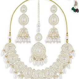Gold Tone Dazzling Austrian Diamonds & Beads Embellished Necklace Earring & Maangtikka Set For Women-ZPFK21270-21
