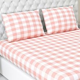 haus & kinder Fitted Cotton Bedsheets King Size, 100% Cotton, 186 TC, Elastic Bedsheet Fitted for Double Bed, Cottage Core Blush Bed Sheet-picture-7