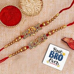 eCraftIndia Set of 2 Lord Ganesha and Om Religious Rakhis, Happy Rakhi Wooden Cutout with Roli Chawal Pack - Rakhi for Brother, Bhaiya, Bhai-13
