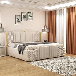 SABTA Modern Upholstered Queen Size Bed with Storage | Double Bed with Box Storage & Upholstery Premium Fabric Headboard | Platform Bed for Bedroom & Hotel, Sheesham Wood, White, 6.5 x 5 Ft-image-44