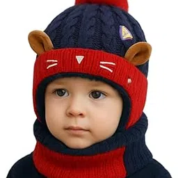 krystle Kids Knit Animal Ear Hat with Pom Pom and Scarf - Bear or Cat Design Winter Beanie for Boys and Girls (Red, 1-5 Years)-picture-13