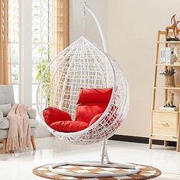 Luxury Jhula King Hammock Swing Chair with Cushion & Spring for Outdoor Indoor Living Room Balcony Garden Patio Hanging Swing for Adults Swing with Stand (White Red)-0