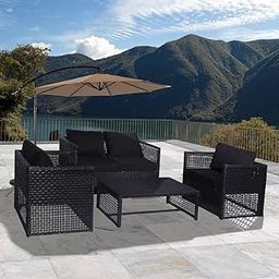 DEVOKO 4 Piece Outdoor Indoor Rattan Wicker Sectional All Weather Sofa Conversation Set with Soft Washable Cushion (Black)-image-38
