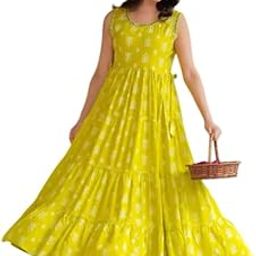 Tiered Maxi Rayon Dress, Sleeveless, Yellow with White Print, Flared Summer Dress-image-37