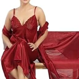 Satin Comfortable Nighty Nightwear Dress with Robe-image-32