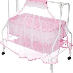 Amazon Brand - Supples Baby Cradle with Swing & Mosquito Net | 0-8 Months| Four Wheels with Brake | Swing Lock & Storage | Sturdy & Safe | Polypropylene/Mild Steel | Pink-30