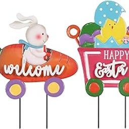 hogardeck Easter Decorations Outdoor, Set of 2 Metal Easter Eggs Bunny Decorative Garden Stakes for Easter Decor, Welcome Happy Easter Yard Sign for Home Spring Outside Front Porch Lawn Backyard-image-69