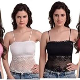 Women's Floral Lace Camisole Crop Top Wire Free Seamless Spaghetti Straps Lightweight Inner Wear for Girls (Pack of 4)-image-14