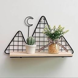 Insight Arts Wooden Organize Storage Rack with Metal Art Storage Holder and Wall-Mounted Storage Hanging Rack for Creative Bedroom-Black Natural MN-20