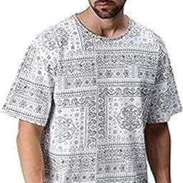 Pure Cotton Oversized Loose Baggy Fit Drop Shoulder Round Neck All Over Paisley Bandana Printed Half Sleeves T-Shirt for Men (Colors Available: White, Navy Blue & Beige)-image-43