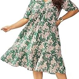 Women's Plus Size Green Pure Cotton Floral Printed Tiered Dress-picture-26