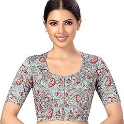 Women's Polyester Readymade tassar Silk Kalamkari Printed Saree Blouse with Short Sleeves.-image-91