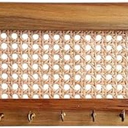 Wooden Wall-Mounted Key Holder with Cane Weaving, 7 Hooks, Decorative Entryway Organiser-image-65