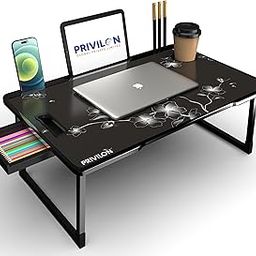 PRIVILON Global Private Limited Foldable Wooden Mini Laptop Table for Bed,Study Table with Drawer,Tablet/Mobile Holder for Kids&Adults->>(Black Flowere Cotted),15 cm-image-37