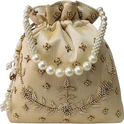 Pearl & Zardosi Potli Bag Hand Embroidery Drawstring Potli Women's Handbag Purse With Pearl Handle & Tassel Purse-image-10