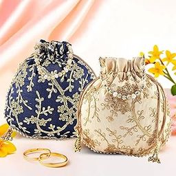 Kuber Industries Pack of 2 Potli Bags for Ladies & Girls | Shagun Pouches for Festive Seasons | Embroidery Batwa Bag Bridal Purse -Dark Blue & Cream-image-35