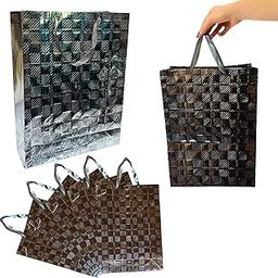 Birthday Popper 12 Pcs Silver Embossed Gift Bags | Large Paper Bags with Ribbon Handles | Glossy Reusable Party Bags for Weddings, Birthdays, Return Gifts & Festive Gifting (18x13x5 in)-55